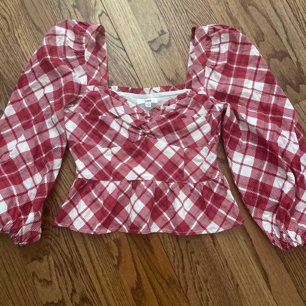 RAHI Red and White Plaid Peplum Blossom Top/Blouse Anthropologie 100% Cotton XS - Picture 2 of 6